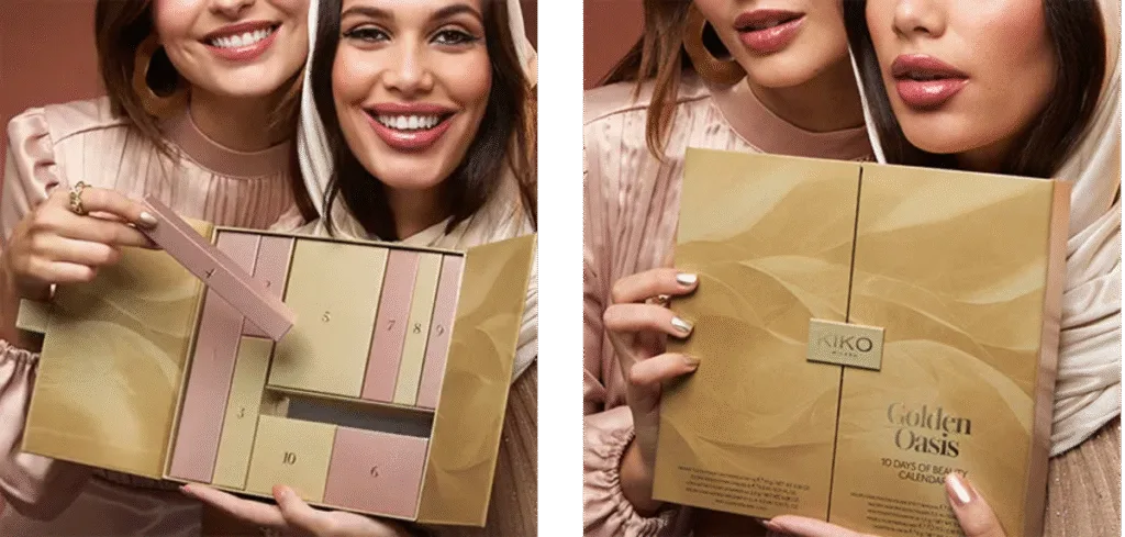 Dos imágenes de dos chicas con el calendario Golden Oasis de Kiko Milano